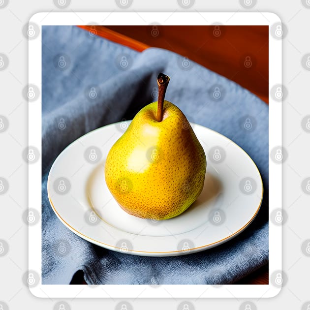 Ripe fruit pear on white dinnerware plate Sticker by Marccelus